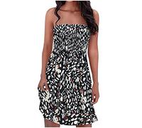 Bandeau Dresses for Women UK Summer Casual Mini Dress Strapless Sleeveless Breast Wrap Dresses Ladies Ruffle Bohemian Flowy Beach Dress Floral Print Boho Holiday Sundress