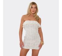 Bandeau Fold Over Frill Mini Dress In Stone Floral Texture, Women's Size UK 8