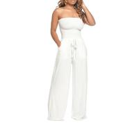Bandeau Jumpsuits for Women UK Elegant Strapless Overalls Summer Off Shoulder Romper Onesie Stretchy Ladies Playsuit for Party Beach Outfit White M