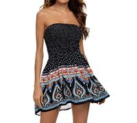 Bandeau Mini Dress for Women Ladies Sheering Top Casual Summer Floral Printed Bandeau Strapless Dress Top Plus Size Boobtube Top Dress Off Shoulder Beach Cover up Wraps Loose Bohemian (Navy-b, XXL)