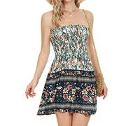 Bandeau Mini Dress for Women Ladies Sheering Top Casual Summer Floral Printed Bandeau Strapless Dress Top Plus Size Boobtube Top Dress Off Shoulder Beach Cover up Wraps Loose Bohemian (Khaki-b, XXL)