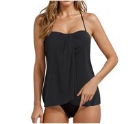 Bandeau Swimsuits for Women UK,Two Piece Strapless Tankini Sets with Chest Pads Tummy Control Swimwear Vintage Print Swim Tank Top & Briefs High Waist Bathing Suit Swimming Costumes Ladies