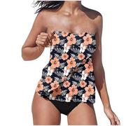 Bandeau Swimsuits for Women UK Two Piece Tankini Set Strapless Top with Swim Briefs Swimming Costume Tummy Control Bathing Suit Vintage Floral Swimwear Bikini Sets Tankinis
