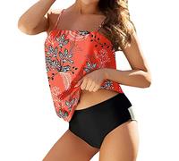 Bandeau Swimsuits for Women with Shorts UK Clearance Two Piece Strapless Tankini Sets Tummy Control Swimwear Vintage Print Swim Tank Top & Shorts High Waist Bathing Suit Juniors Bathing Suit Red