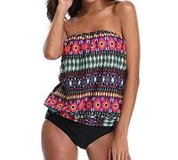Bandeau Swimsuits for Women with Shorts UK Sale Clearance Two Piece Strapless Tankini Sets Tummy Control Swimwear Vintage Print Swim Tank Top & Shorts High Waist Bathing Suit Juniors Bathing Suit