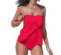 Bandeau Tankini for Women with Shorts UK Sale Two Piece Strapless Swimsuits Tummy Control Swimwear Plain Swim Briefs High Waist Trunks Beach Bathing Suit Tankinis Sets Swimming Costume Ladies Red