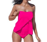 Bandeau Tankini for Women with Shorts UK Two Piece Strapless Swimsuits Tummy Control Swimwear Plain Swim Briefs High Waist Trunks Beach Bathing Suit Tankinis Sets Swimming Costume Ladies Hot Pink