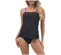 Bandeau Tankini Swimwear Women UK with Shorts Two Piece Strapless Swimsuits Tummy Control Swimwear Plain Swim Briefs High Waist Trunks Beach Bathing Suit Tankinis Sets Swimming Costume Ladies A-Black