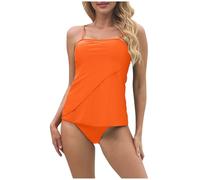 Bandeau Tankini Swimwear Women UK with Shorts Two Piece Strapless Swimsuits Tummy Control Swimwear Plain Swim Briefs High Waist Trunks Beach Bathing Suit Tankinis Sets Swimming Costume Ladies Orange