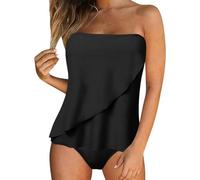 Bandeau Tankini Swimwear Women, with Shorts Two Piece Strapless Swimsuits, with Scalloped Trim, Tankinis Sets Swimming Costume (Black,M)