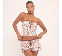 Bandeau Tie Detail Crop Top And Frilled Mini Skirt Co-Ord Set In Brown Leopard Print, Women's Size UK Large L