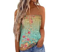 Bandeau Tops Women UK Elegant Strapless Tube Tops Backless Sexy Going Out Pleated Stretch Summer Tunic Shirts Vintage Print Blouse Smocked Skinny Camis Y2k Sleeveless Tank Tops Ladies