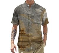Banded Collar Shirts for Men | Chinese Style Landscape Print Casual Button Down Pavilion Garden Landscape Golden Line 3XL