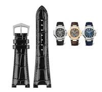 BANDKIT For Patek Philippe Nautilus 7118 5712 Genuine Leather Steel Connector 5711 5712G Watchband Notch 25x13mm Watch Bracelet Strap(Black silver)