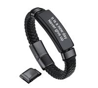 Bandmax Custom Engraved Bracelet for Men Women Black Leather Braided Cuff Bracelet Wristband with Custom Text Engraved Personalized Gift for Him -Adjustable