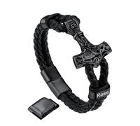 Bandmax Custom Engraved Mens Bracelet Celtic Rune Hammer Charm Bracelets Black Leather Knot Bracelets for Boys Genuine Leather Viking Bracelet