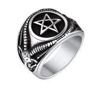 Bandmax Gothic Rings Punk Vintage Stainless Steel Ring for Men Women, Z+1, Green Finger, Baphomet Goat Head Devil Demon Symbol Rings Jewellery