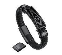 Bandmax Men Black Leather Cord Wristband with Pendant Black Masonic Charm Custom Engraved Freemason Bracelet for Father Husband -Gift Packed