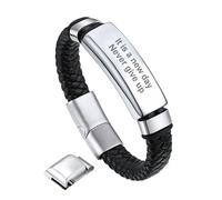 Bandmax Men Custom Black ID Bar Bracelet for Men Leather Braided Wristband Wax Rope Bracelet with Personalized Name Date Bar Custom Gift for Father Husband -Adjustable