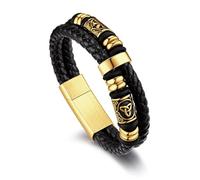 Bandmax Mens Leather Bracelet Viking Bracelets Wristbands For Boyfriend Black Rope Beaded Bracelet Men Gold Plated Celtic Knot Jewellery 21cm