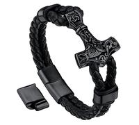 Bandmax Mens Viking Bracelet Black Genuine Leather Cuff Bracelet with Mjolnir Pendant Thor Hammer Bracelet for Men Nordic Viking Jewelry