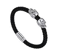 Bandmax Skull Leather Bracelet for Men Women Black Braided Leather Cuff Bracelet with Skull Charm Gothic Bangle Bracelets -19"