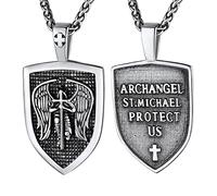 Bandmax Stainless Steel The Archangel St Michael Pendant Necklace for Men Women Protection Shield Necklace Christian Faith Prayer Pendant with 22" Spiga Chain