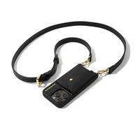 Bandolier Hailey Crossbody Wallet Phone Case for iPhone 16 Pro Max. 100% Genuine Pebble Leather with Gold Hardware. Adjustable & Removable Strap. Expandable Flip Card Holder. Black with Gold