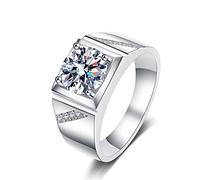 Banemi Mens Wedding Ring Sterling Silver, Silver Mens Wedding Band Square with 2ct Round Moissanite Size T 1/2