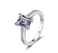 Banemi The Engagement Ring, White Gold Fashion Ring Set Square Sterling Silver with 2ct Emerald Moissanite Size N 1/2