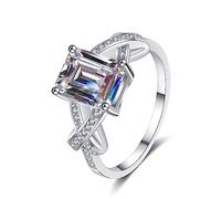 Banemi Wedding Anniversary Band, White Gold Boho Wedding Ring Twisted Square Sterling Silver with 3ct Emerald Moissanite Size M 1/2