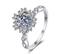 Banemi White Gold Wedding Bands for Her, Ladies Sterling Silver Rings Hollow Flower with 5mm Round Cubic Zirconia Size R 1/2