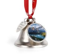 Banff National Park Christmas Bell Ornament Shiny Silver Christmas Tree Ornament with Angel Wing and Heart Charms Christmas Tree Bell Pendant with Ribbon for Indoor Outdoor Home Decoration