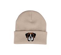 Bang Tidy Clothing Boxer Beanie Hat - Dog Lovers Gifts for Women Men - Knitted Ladies Winter Hats - Embroidered - Acrylic - Sand