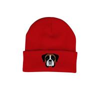 Bang Tidy Clothing Boxer Beanie Hat - Dog Lovers Gifts for Women Men - Knitted Ladies Winter Hats - Embroidered - Acrylic - Red