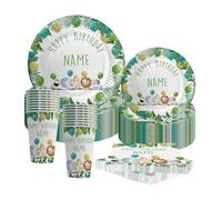 Bang Tidy Clothing Customised Name Wild Safari Animals Jungle Party Tableware Set, Disposable Cake Napkins, Cups & Buffet Plates For Children's Birthday Parties pack of 24