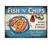 Bang Tidy Clothing Metal Wall Art Quote Tin Plaque Signs - Vintage Style Home Lounge Dining Room Kitchen Bar Sign Gifts - Fish N Chips - 400mm x 300mm