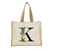 Bang Tidy Clothing Monogram Initial Canvas Jute Tote Bags for Women - Cotton Shoulder Bags, Reusable Bags for Shopping, Gift bags, Book Bag, Travel Bag, Shopper Bags - Floral Letter K - Natural - L