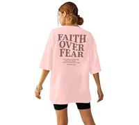 BANGELY Faith Over Fear Shirt Women Graphic Shirts Oversized Workout Gym Christian Religious Tees Drop Shoulder Tee Tops, Pink, M