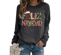 BANGELY Feliz Navidad Christmas Sweatshirt Women Ugly Mexican Bright Santa Christmas Sweater Spanish Holiday Long Sleeve Top, Grey, Large