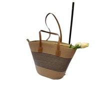 BANGHA Straw Bag,Straw Beach Bag Women's Large Capacity Shoulder Bag, Summer Straw Woven Basket Handbag, Fashionable Luxury Designer Beach Shopping(Brown-Blackstripes)