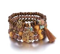Bangles for Womens,4pcs Charm Beaded Set for Women Handmade Wood Beads Chain Bangle Female Boho Jewelry