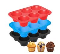 Bangp Easy Release Silicone Muffin Trays 6 Cup with Metal Frame, 4.6cm Deep Silicone Muffins Tins, Non Stick Muffin Pan, Silicon Mould for Muffins Yorkshire Pudding Cupcakes Cottage (Black+Red+Blue)