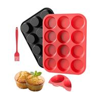 Bangp Lightweight Silicone Muffin Trays 12 Cup with Metal Frame, Yorkshire Pudding Tray, Silicone Mould for Cupcakes, Non Stick Muffin Tin, Baking Mould for Cottage Muffins with Brush (red+Black)