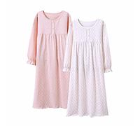 BANGSAUR Girls' Nighties, Cotton Heart Print Princess Sleepwear, 2-Pack Nightdress 3-15 Years(Long Sleeve,5-6X)