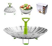 BangShou Steamer Basket for Cooking, 9'' Vegetable Steaming Insert for Saucepan, Stainless Steel Collapsible Food Steam Rack for Pan, Metal Folding Veg Petal Steamer with Telescopic Handle