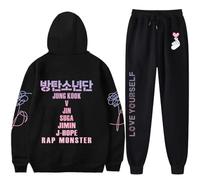Bangtan Boys Hoodie Love Yourself Sweater Suga Jimin Jung Kook Jhope Sweatshirt Pants 2pc Set, Black, XXL