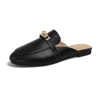 BANGTEUO Womens Flat Buckle Mules Comfort Backless Closed Toe Slip On Slide Loafers for Daily Casual Summer Indoor Outdoor Dressy, Black, 9 UK