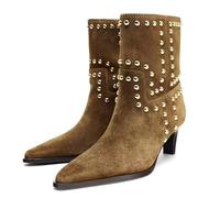 BANGTEUO Womens Suede Studded Kitten Heel Ankle Boots Fashion Pointed Toe Pull On Low Heel Mid-Calf Booties For Party Prom Dressy Dating, Brown, 8 UK