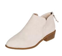 BANGTEUO Womens V Cutout Stacked Heel Ankle Boots Faux Suede Comfortable Back Zipper Pointed Toe Low Heeled Pull On Short Western Boots Autumn Winterback Zipper Dress Casual Work Bootie, White, 2 UK